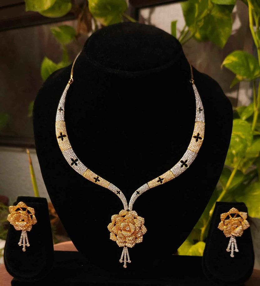 Premium Gold & Silver Dual-Tone Floral American Diamond Necklace Set – Designer Hasli Style with Earrings