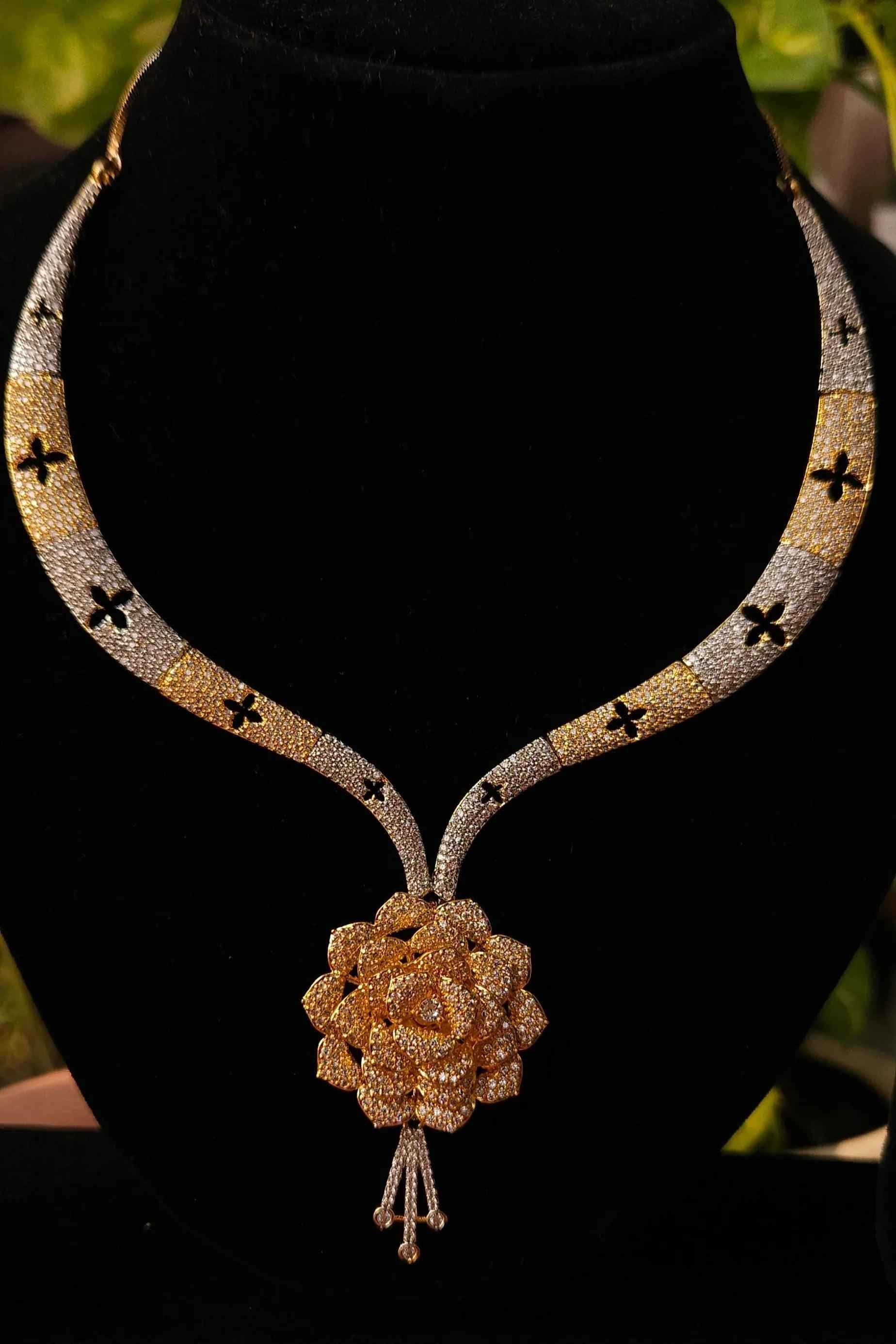 Premium Gold & Silver Dual-Tone Floral American Diamond Necklace Set – Designer Hasli Style with Earrings