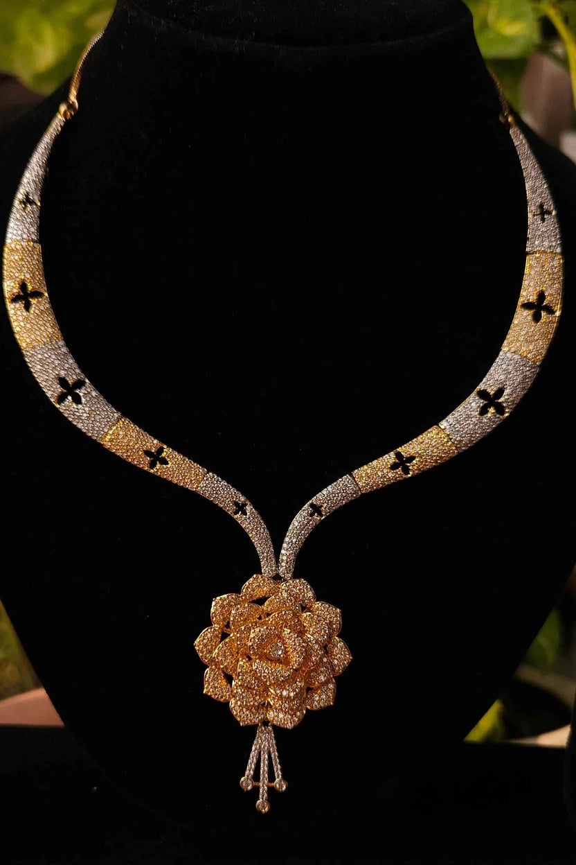 Premium Gold & Silver Dual-Tone Floral American Diamond Necklace Set – Designer Hasli Style with Earrings
