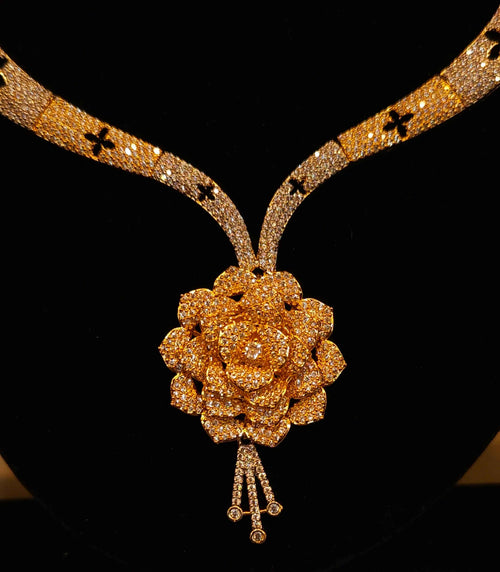 Premium Gold & Silver Dual-Tone Floral American Diamond Necklace Set – Designer Hasli Style with Earrings