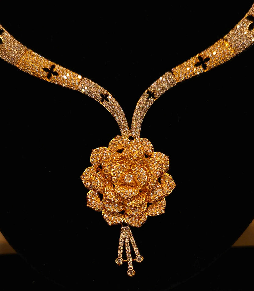 Premium Gold & Silver Dual-Tone Floral American Diamond Necklace Set – Designer Hasli Style with Earrings