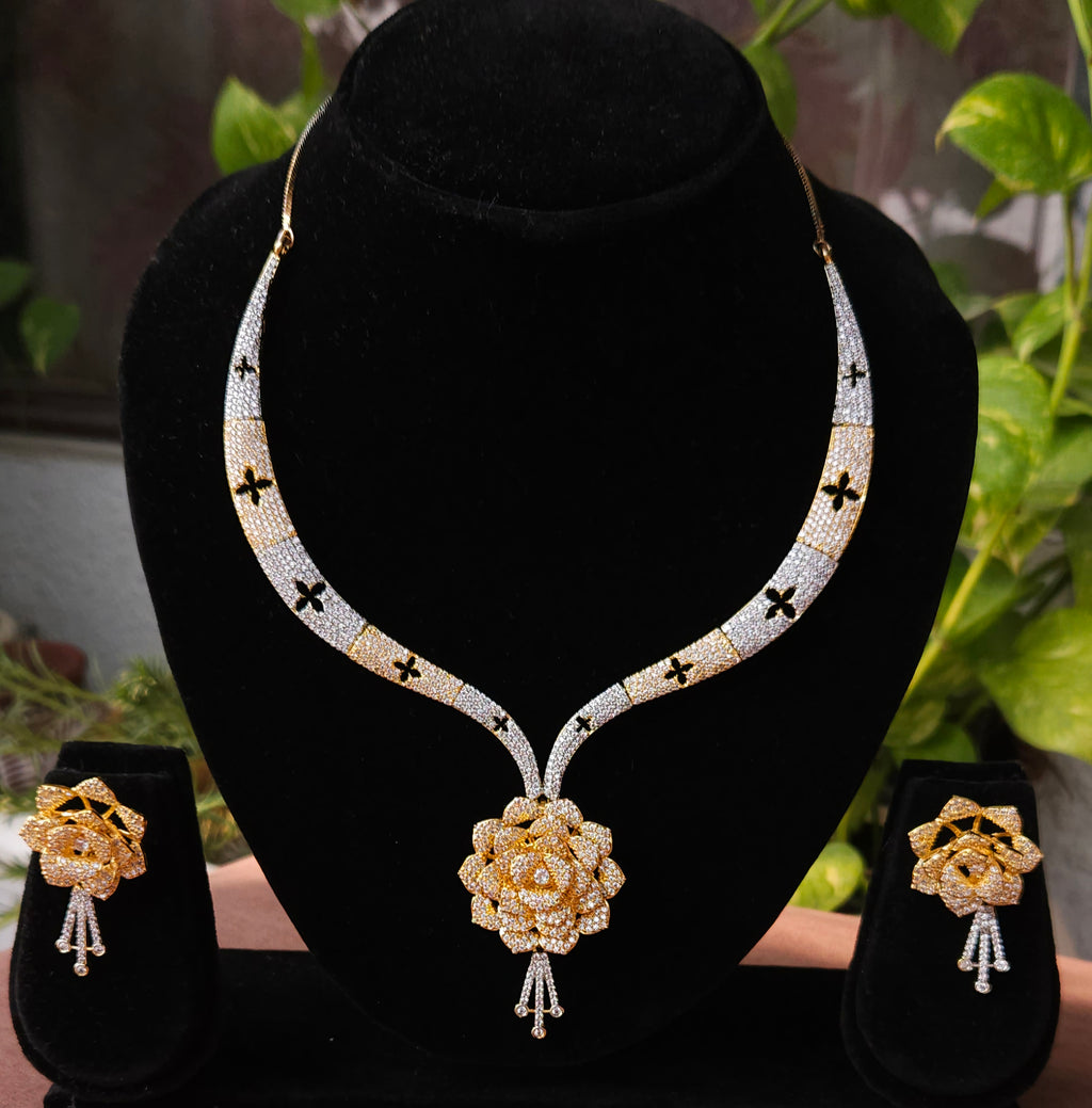 Gold & Silver Dual-Tone Floral American Diamond Necklace Set – Designer Choker Style with Earrings