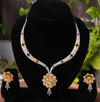 Gold & Silver Dual-Tone Floral American Diamond Necklace Set – Designer Choker Style with Earrings