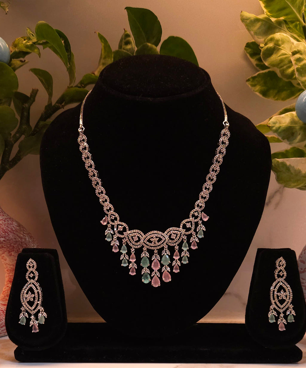 Multicolour American Diamond Necklace Set with Earrings – Premium Stone-Studded Bridal & Party Wear