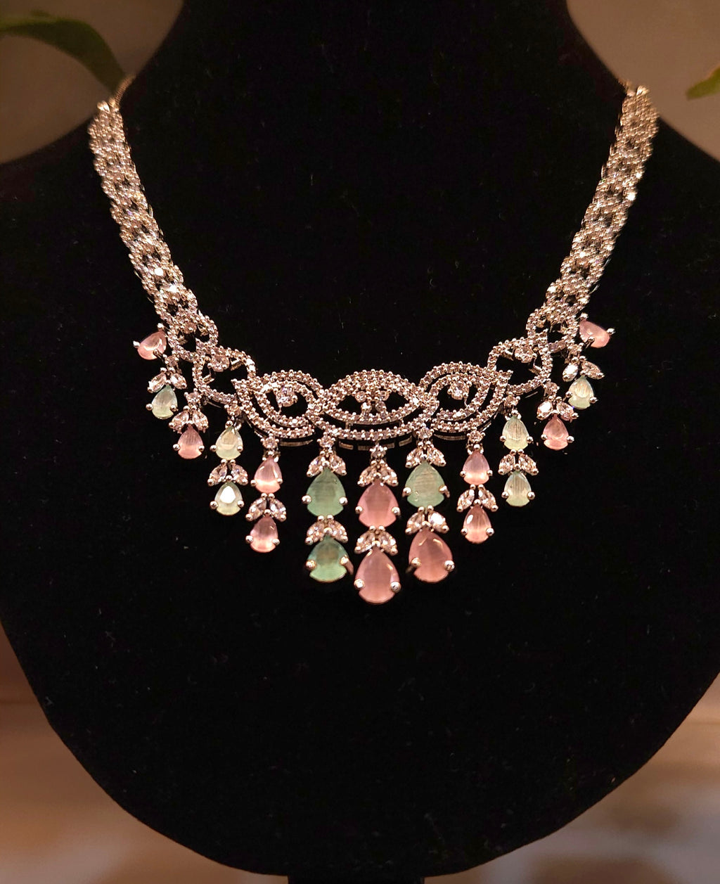 Multicolour American Diamond Necklace Set with Earrings – Premium Stone-Studded Bridal & Party Wear
