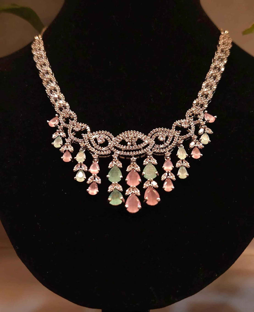 Multicolour American Diamond Necklace Set with Earrings – Premium Stone-Studded Bridal & Party Wear