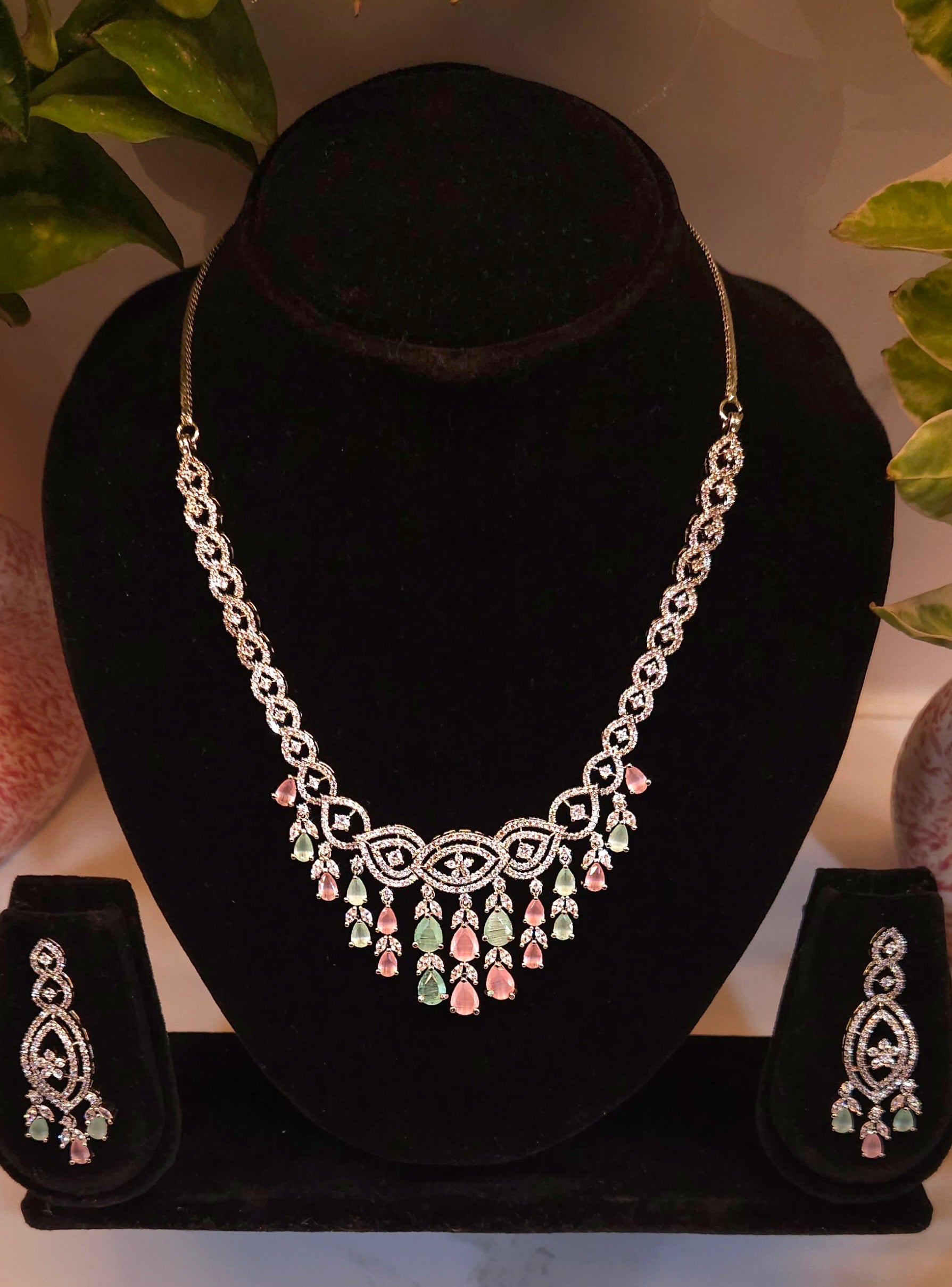 Multicolour American Diamond Necklace Set with Earrings – Premium Stone-Studded Bridal & Party Wear