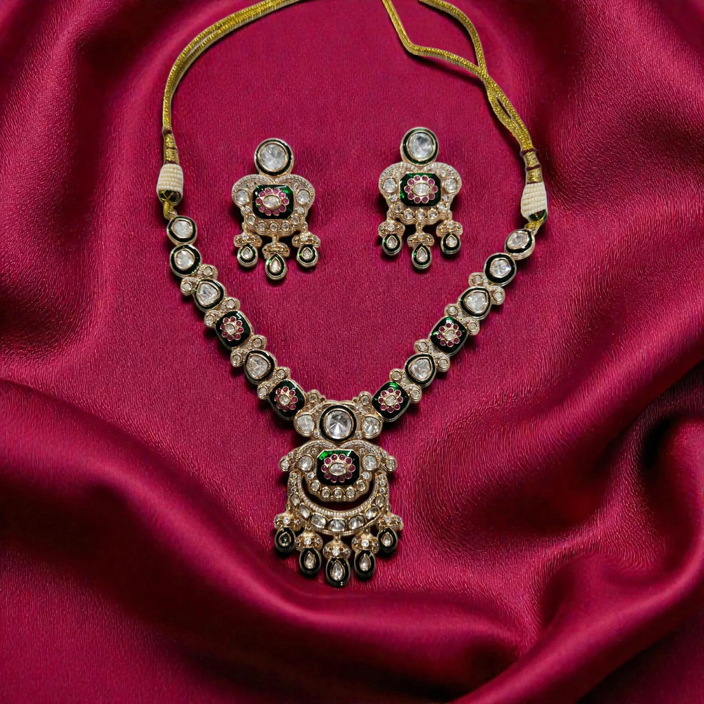 Antique Pachi Kundan Necklace Set with Green & Pink Stones - Shangri 