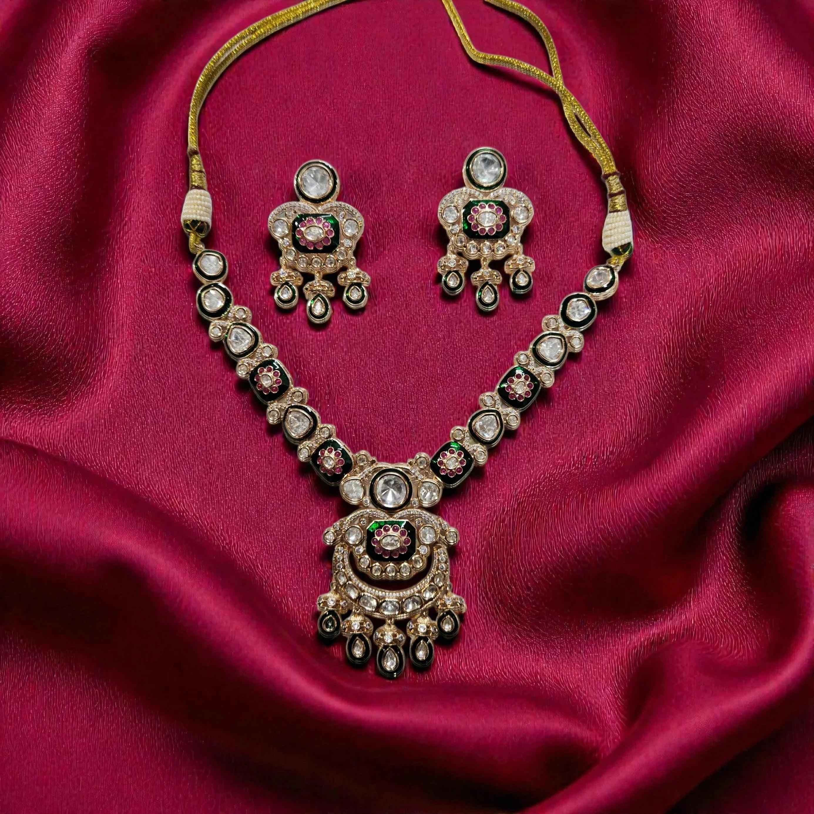 Antique Pachi Kundan Necklace Set with Green & Pink Stones