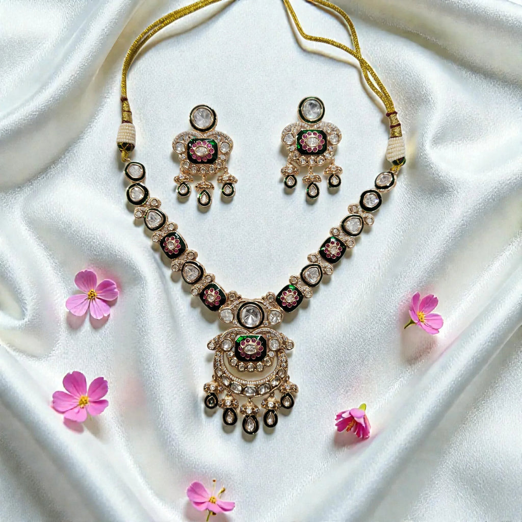 Antique Pachi Kundan Necklace Set with Green & Pink Stones - Shangri 