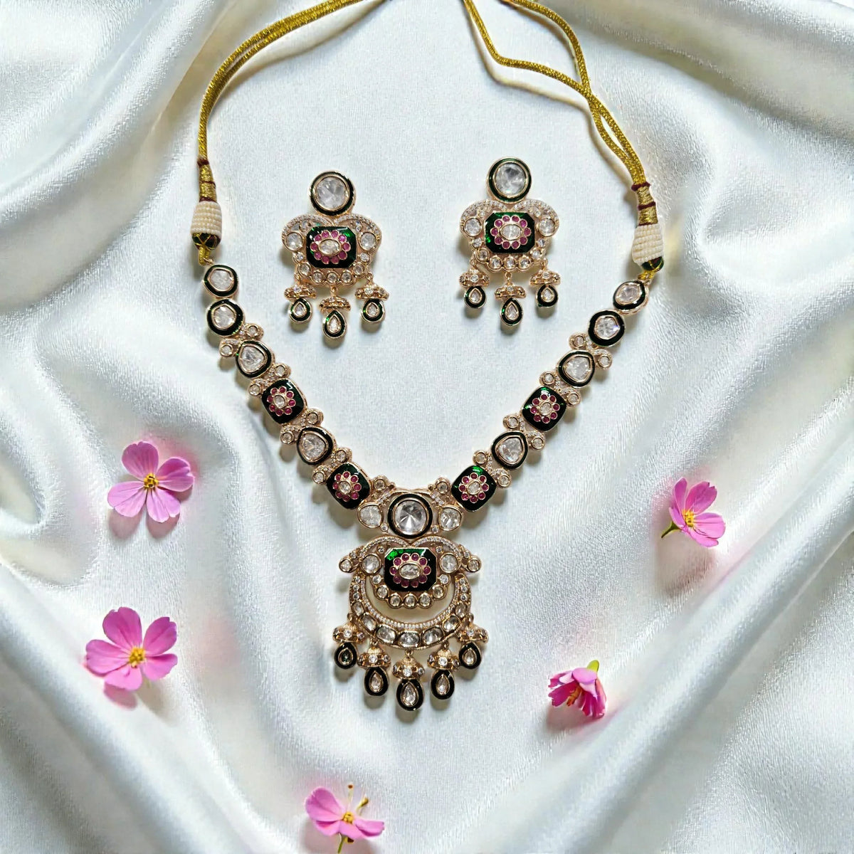 Antique Pachi Kundan Necklace Set with Green & Pink Stones - Shangri 