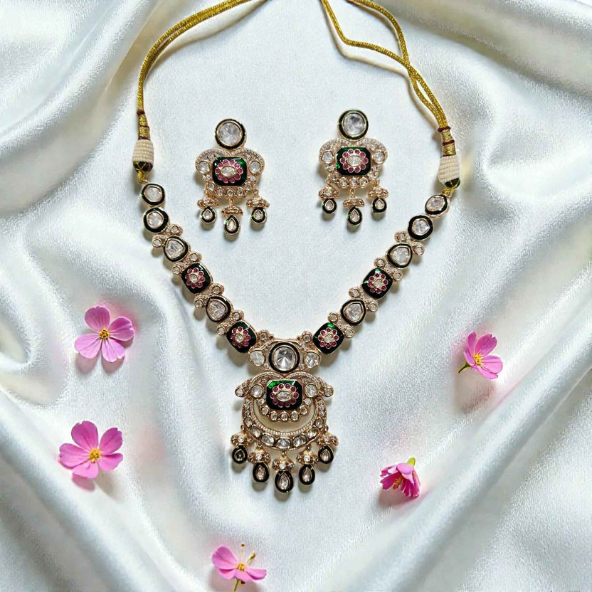 Antique Pachi Kundan Necklace Set with Green & Pink Stones