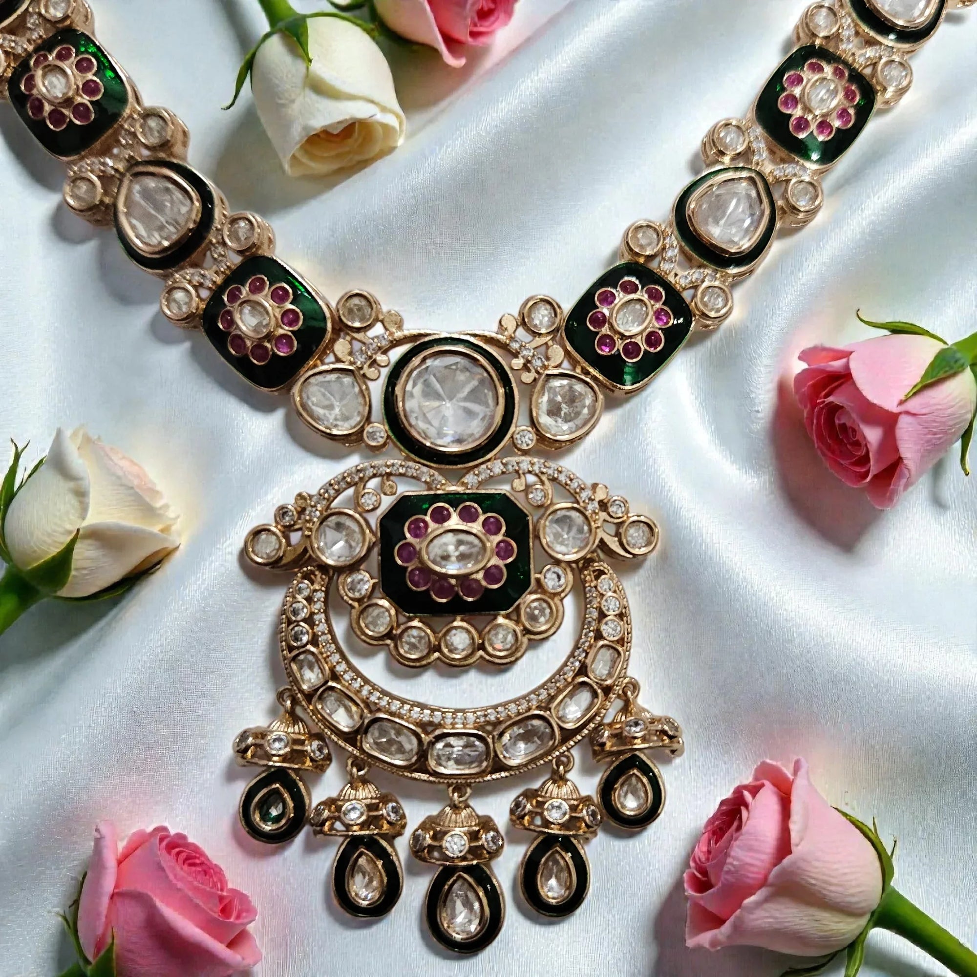 Antique Pachi Kundan Necklace Set with Green & Pink Stones - Shangri 