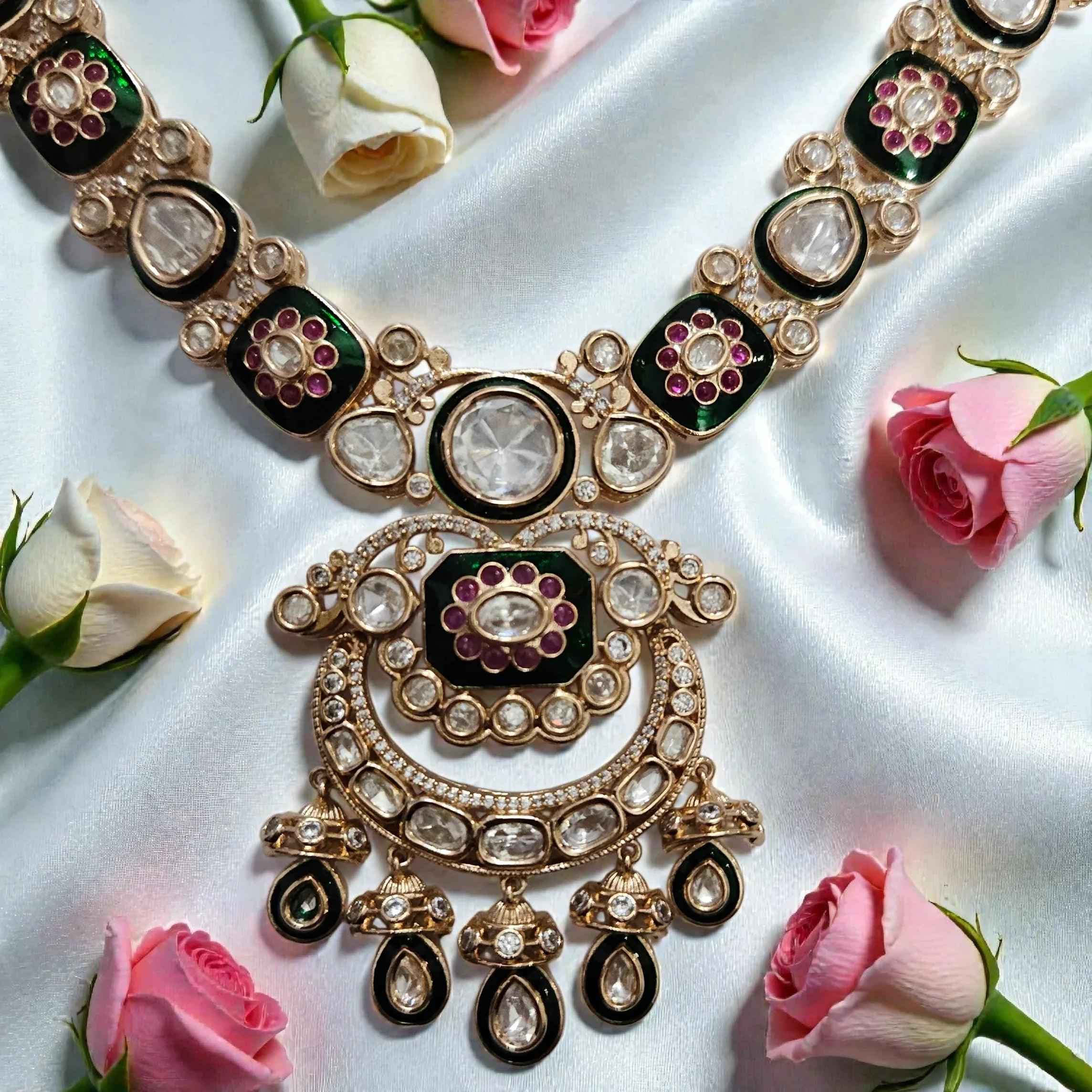 Antique Pachi Kundan Necklace Set with Green & Pink Stones