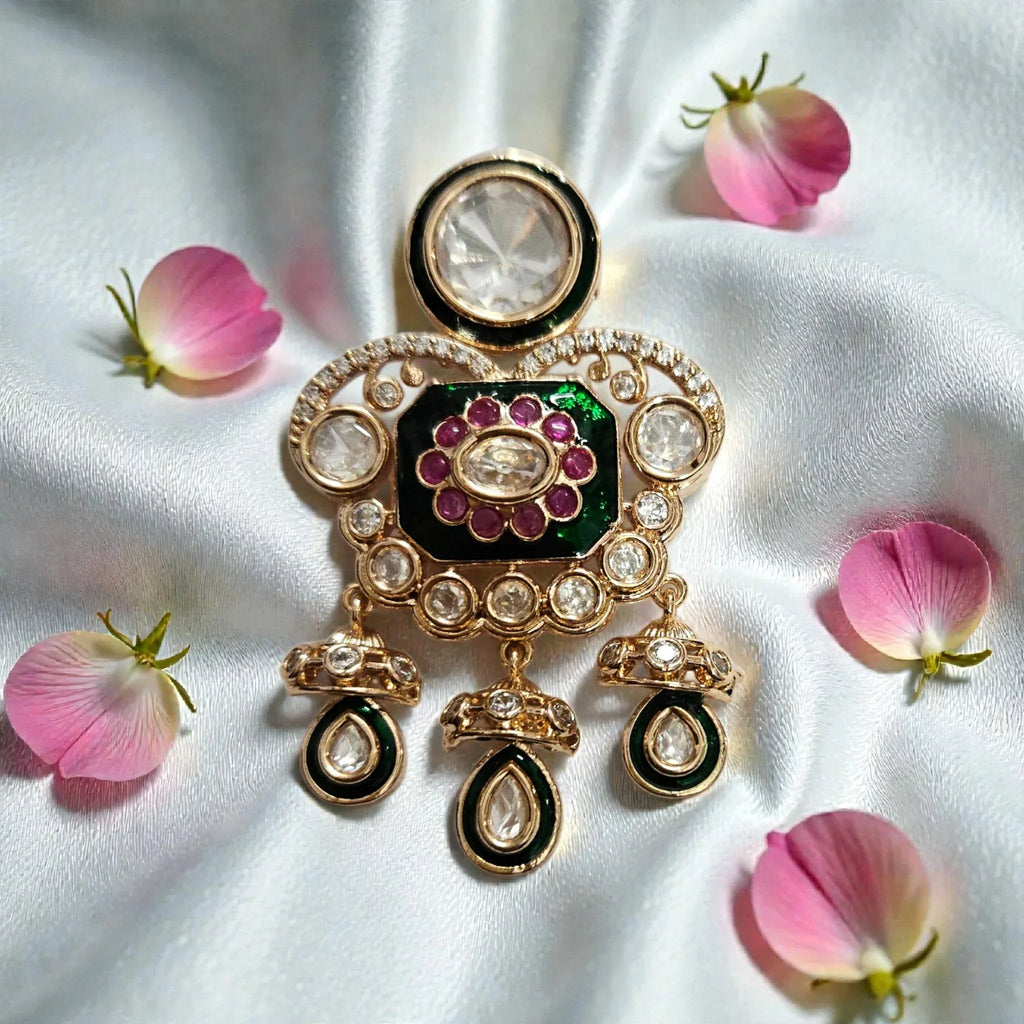 Antique Pachi Kundan Necklace Set with Green & Pink Stones - Shangri 