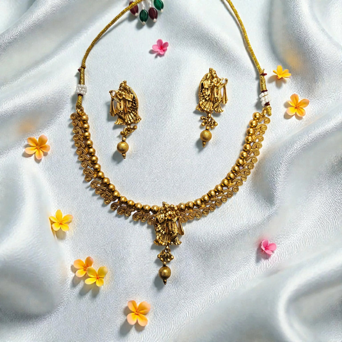 Radha Krishna Temple Jewellery Antique Gold Plated Necklace Set - Shangri 