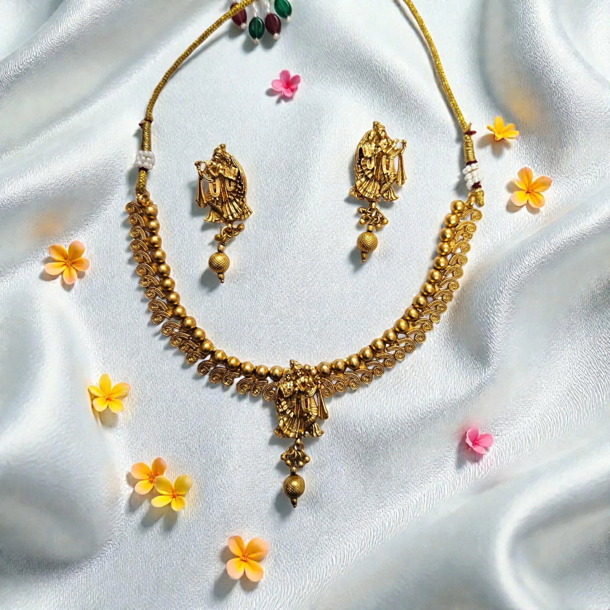 Radha Krishna Temple Jewellery Antique Gold Plated Necklace Set - Shangri 
