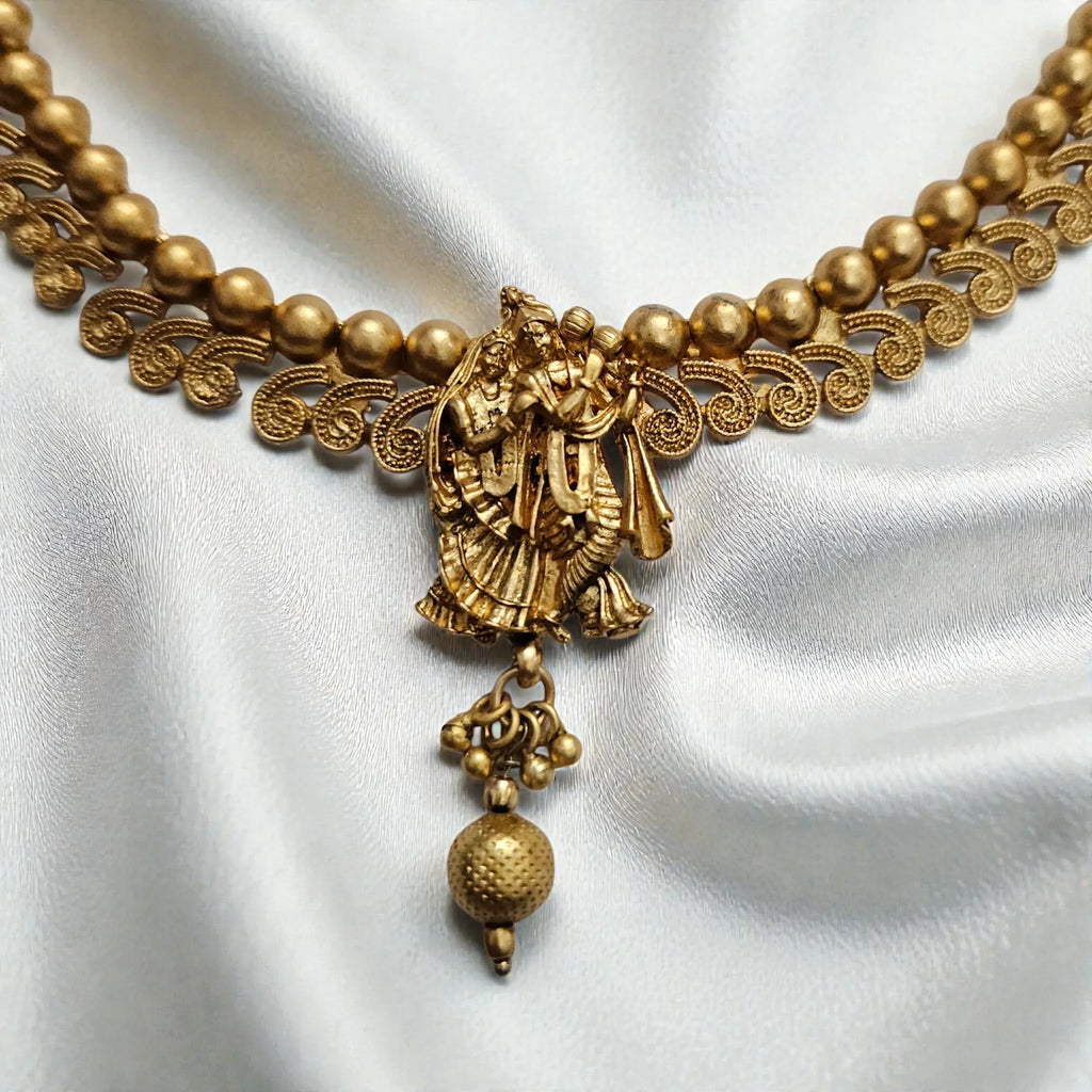 Radha Krishna Temple Jewellery Antique Gold Plated Necklace Set - Shangri 