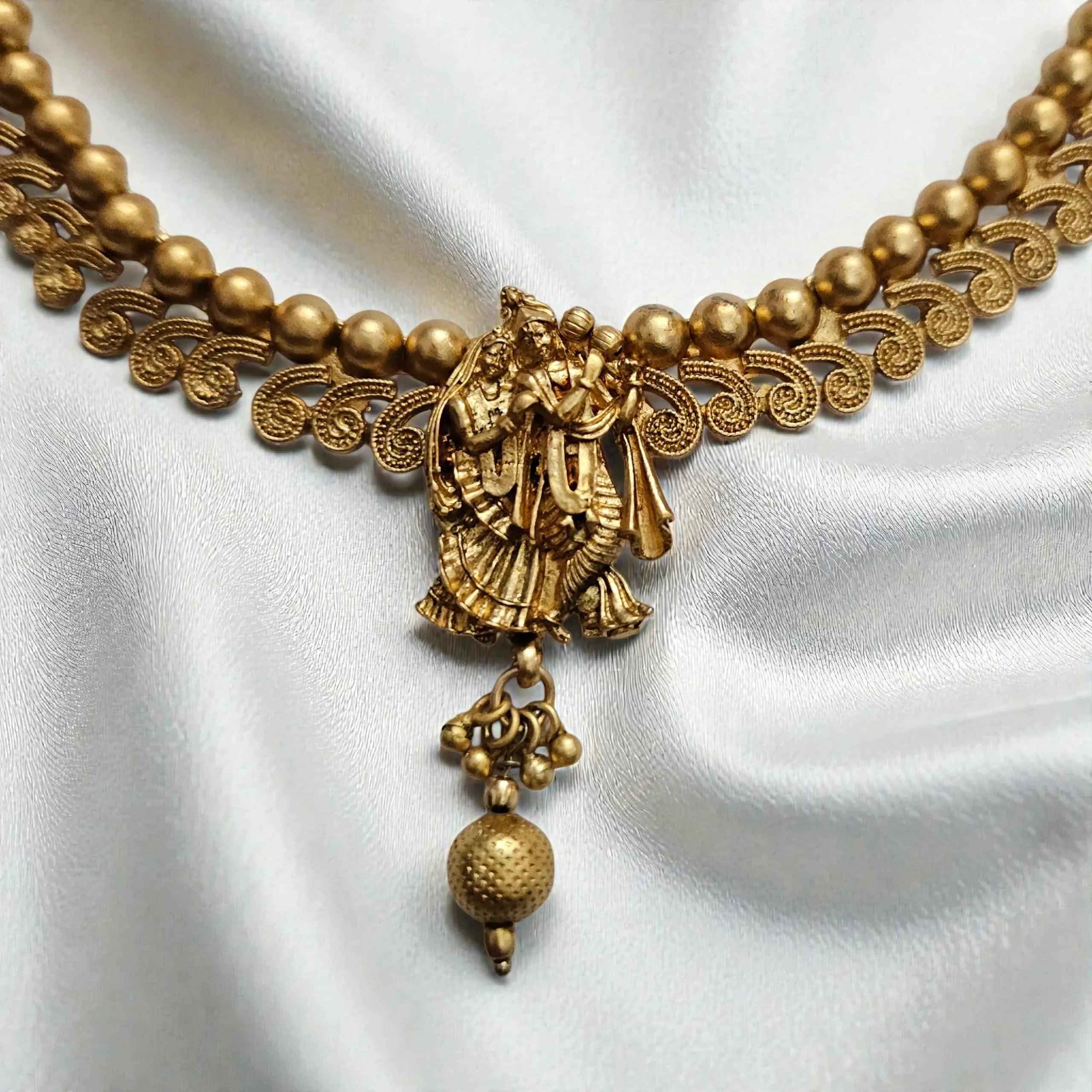 Radha Krishna Temple Jewellery Antique Gold Plated Necklace Set