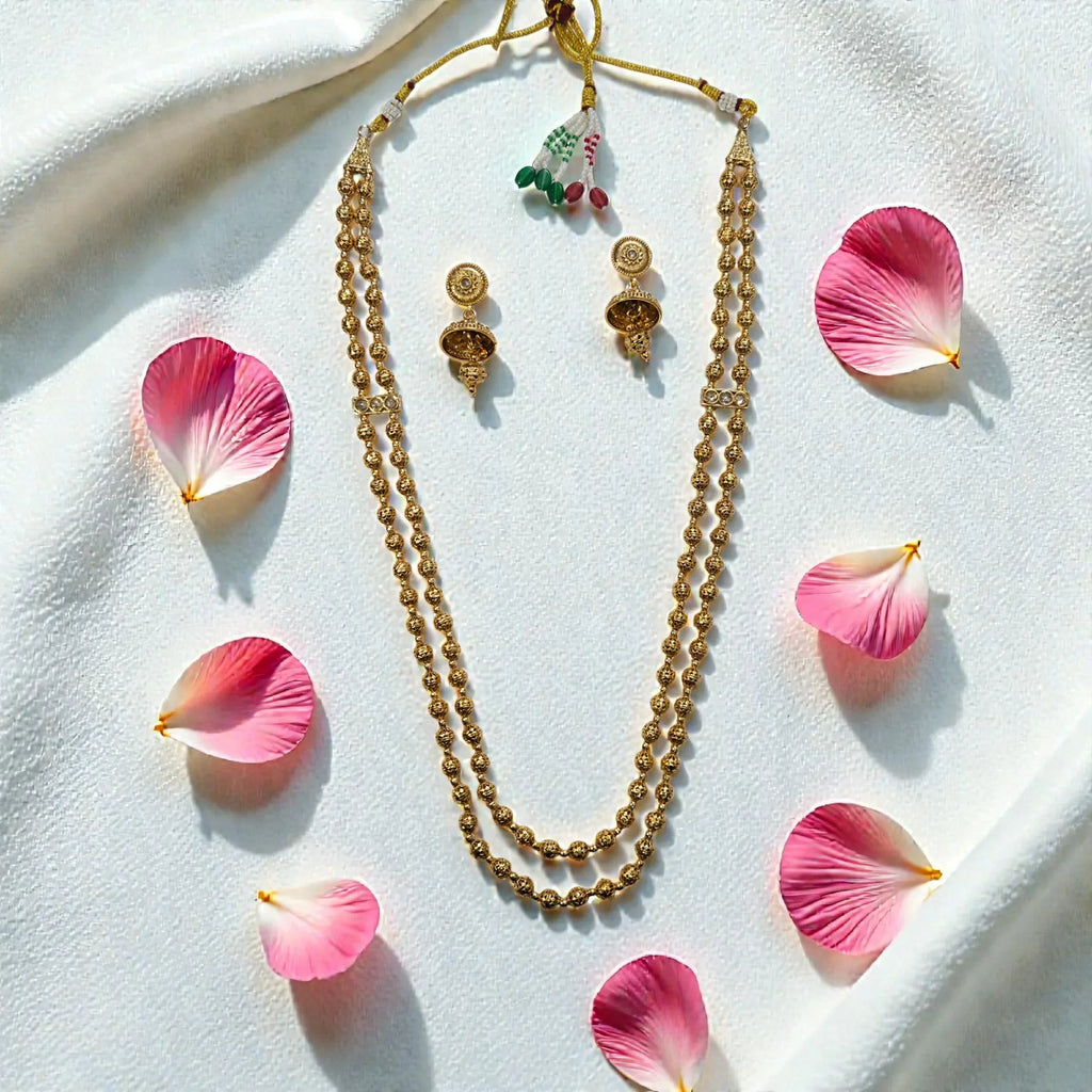 Traditional Gold Finish Double Layer Matar Mala Necklace Set with Jhumka Earrings - Shangri 