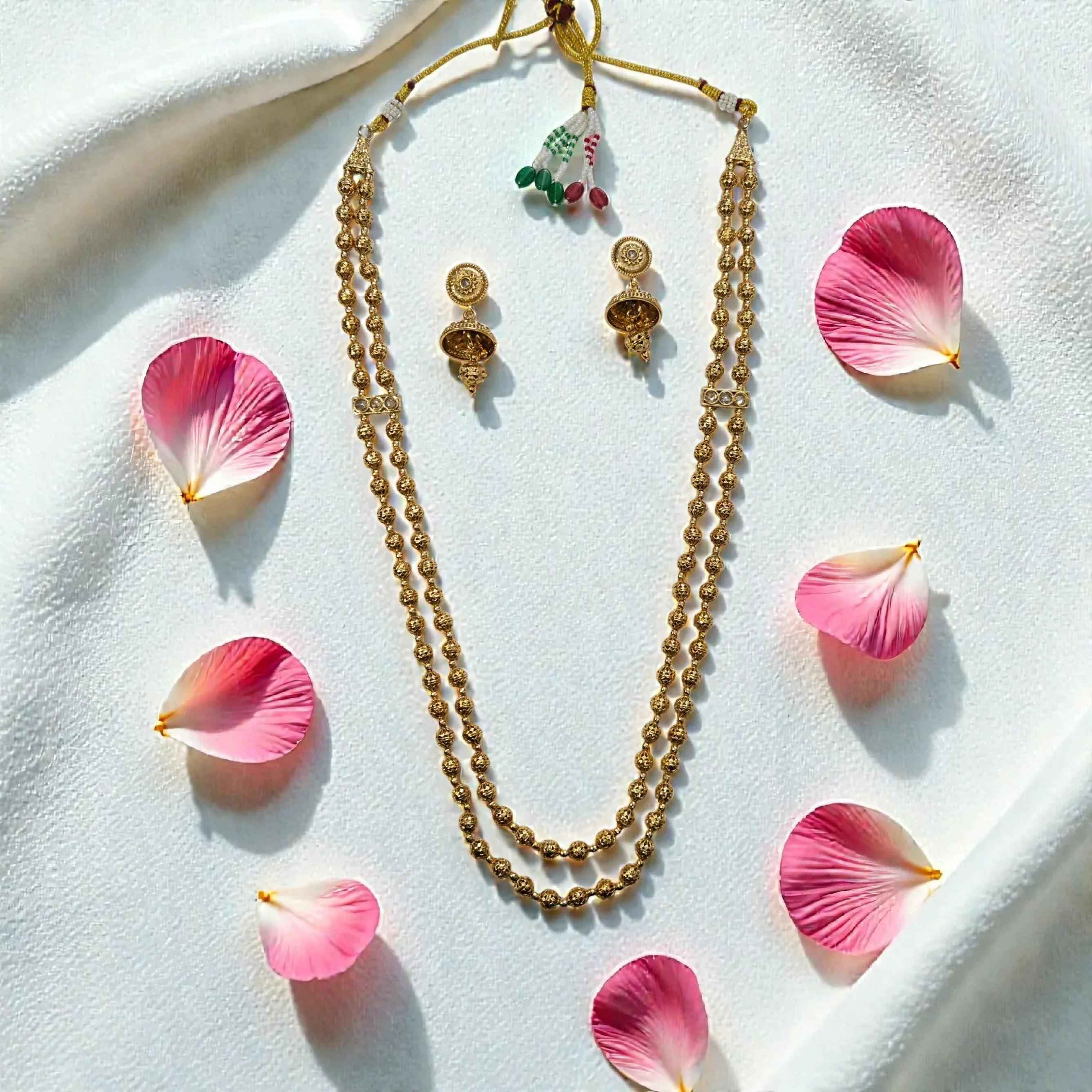 Traditional Gold Finish Double Layer Matar Mala Necklace Set with Jhumka Earrings