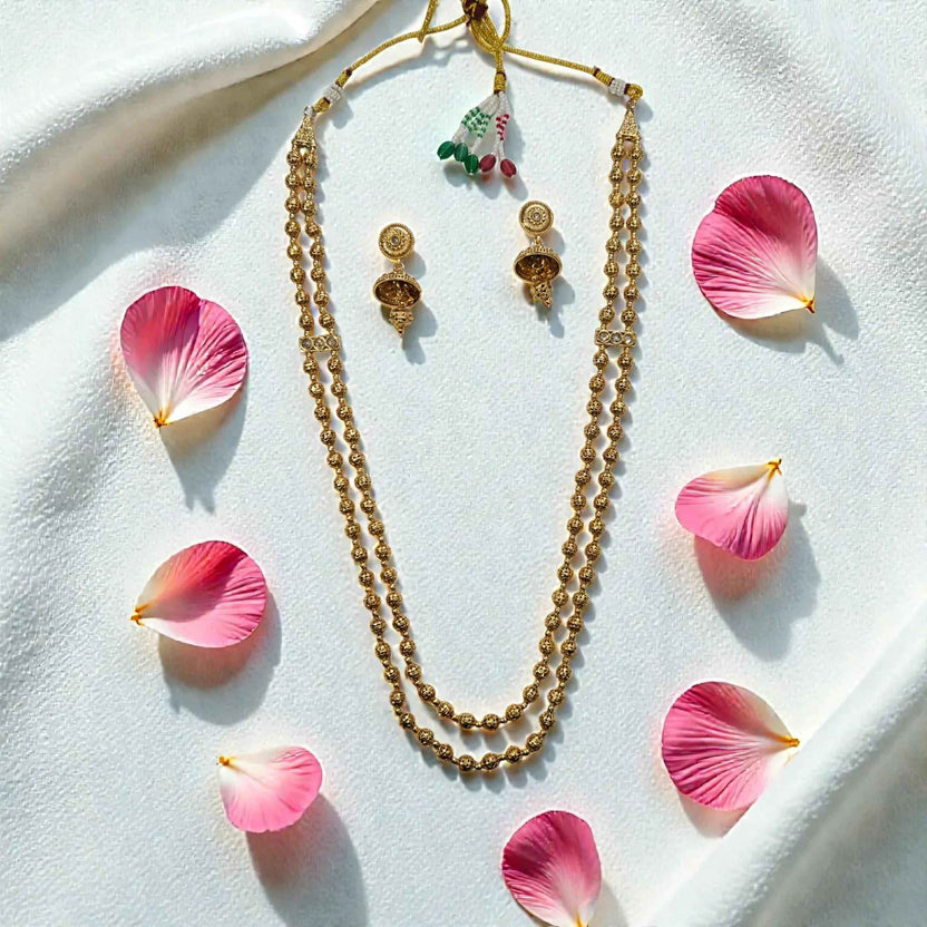 Traditional Gold Finish Double Layer Matar Mala Necklace Set with Jhumka Earrings