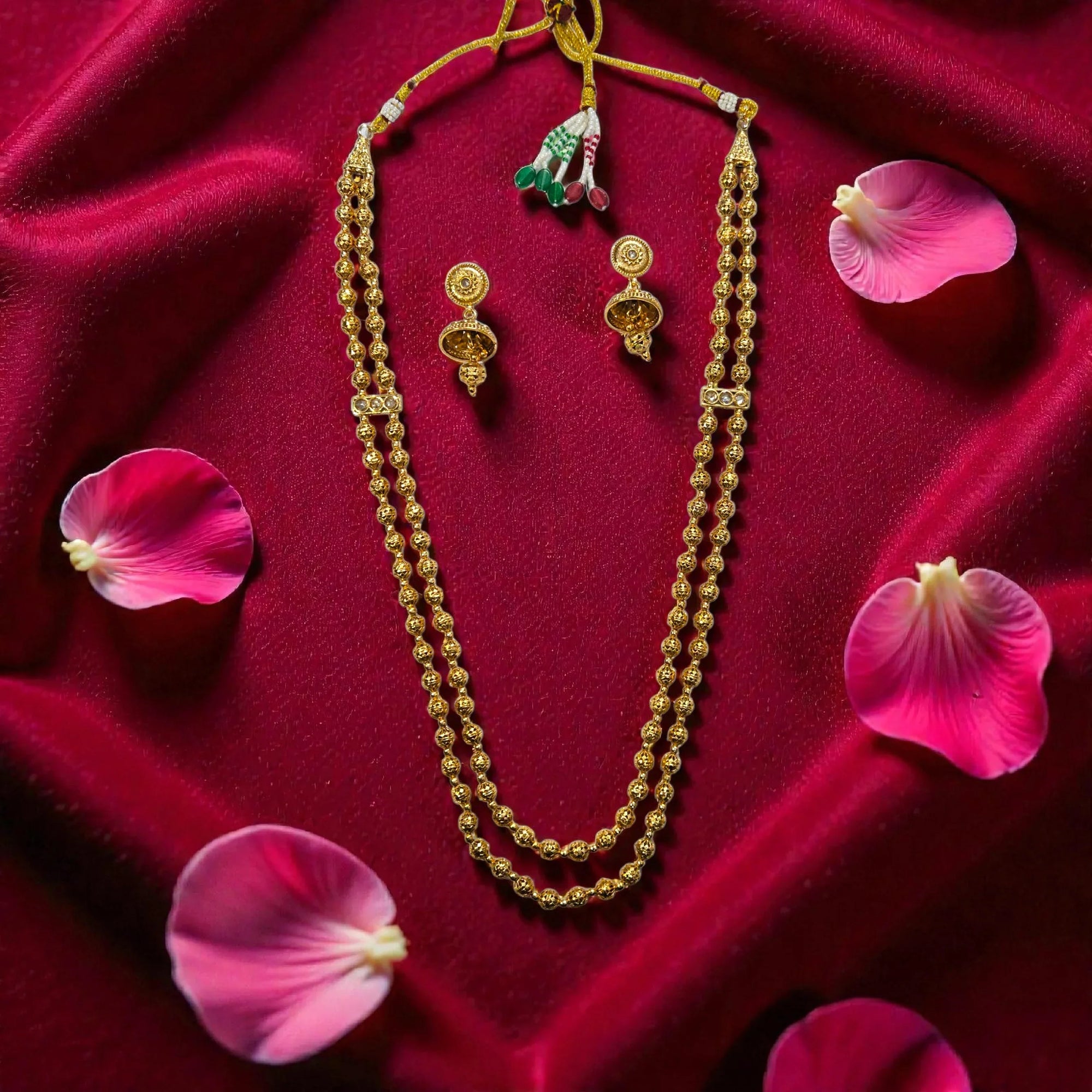 Traditional Gold Finish Double Layer Matar Mala Necklace Set with Jhumka Earrings - Shangri 