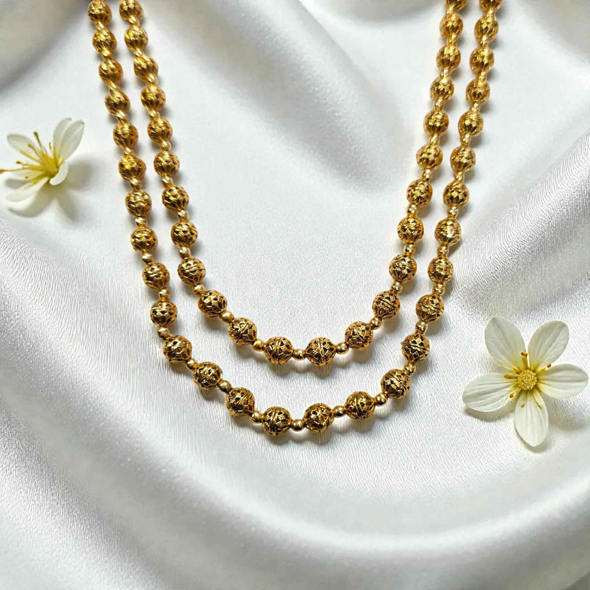 Traditional Gold Finish Double Layer Matar Mala Necklace Set with Jhumka Earrings