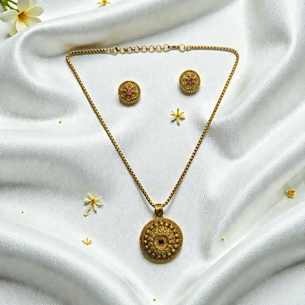 Antique Gold Finish Temple Necklace Set with Floral Coin Pendant - Shangri 