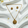 Antique Gold Finish Temple Necklace Set with Floral Coin Pendant