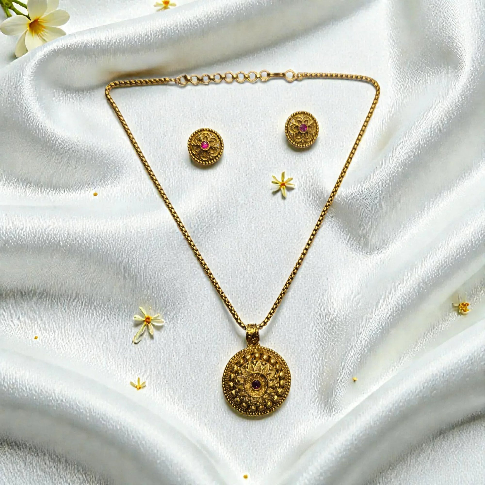 Antique Gold Finish Temple Necklace Set with Floral Coin Pendant - Shangri 