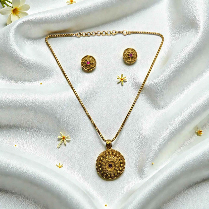 Antique Gold Finish Temple Necklace Set with Floral Coin Pendant