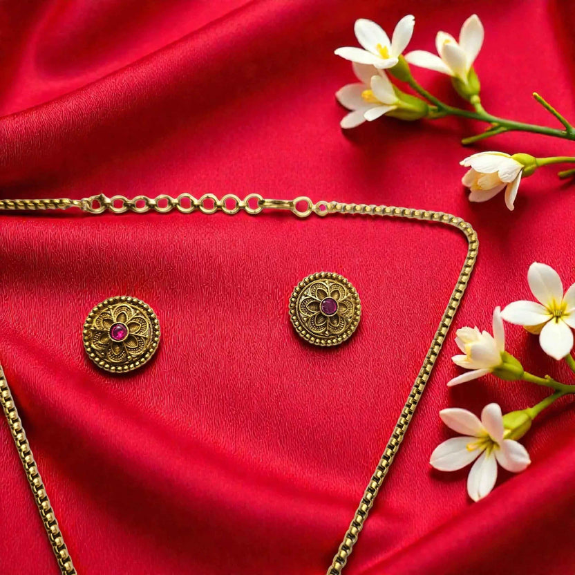 Antique Gold Finish Temple Necklace Set with Floral Coin Pendant