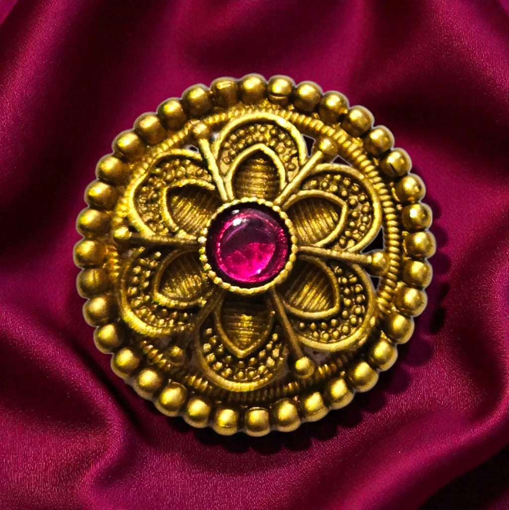 Antique Gold Finish Temple Necklace Set with Floral Coin Pendant - Shangri 