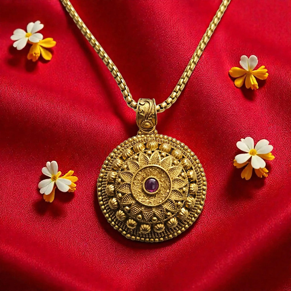 Antique Gold Finish Temple Necklace Set with Floral Coin Pendant - Shangri 