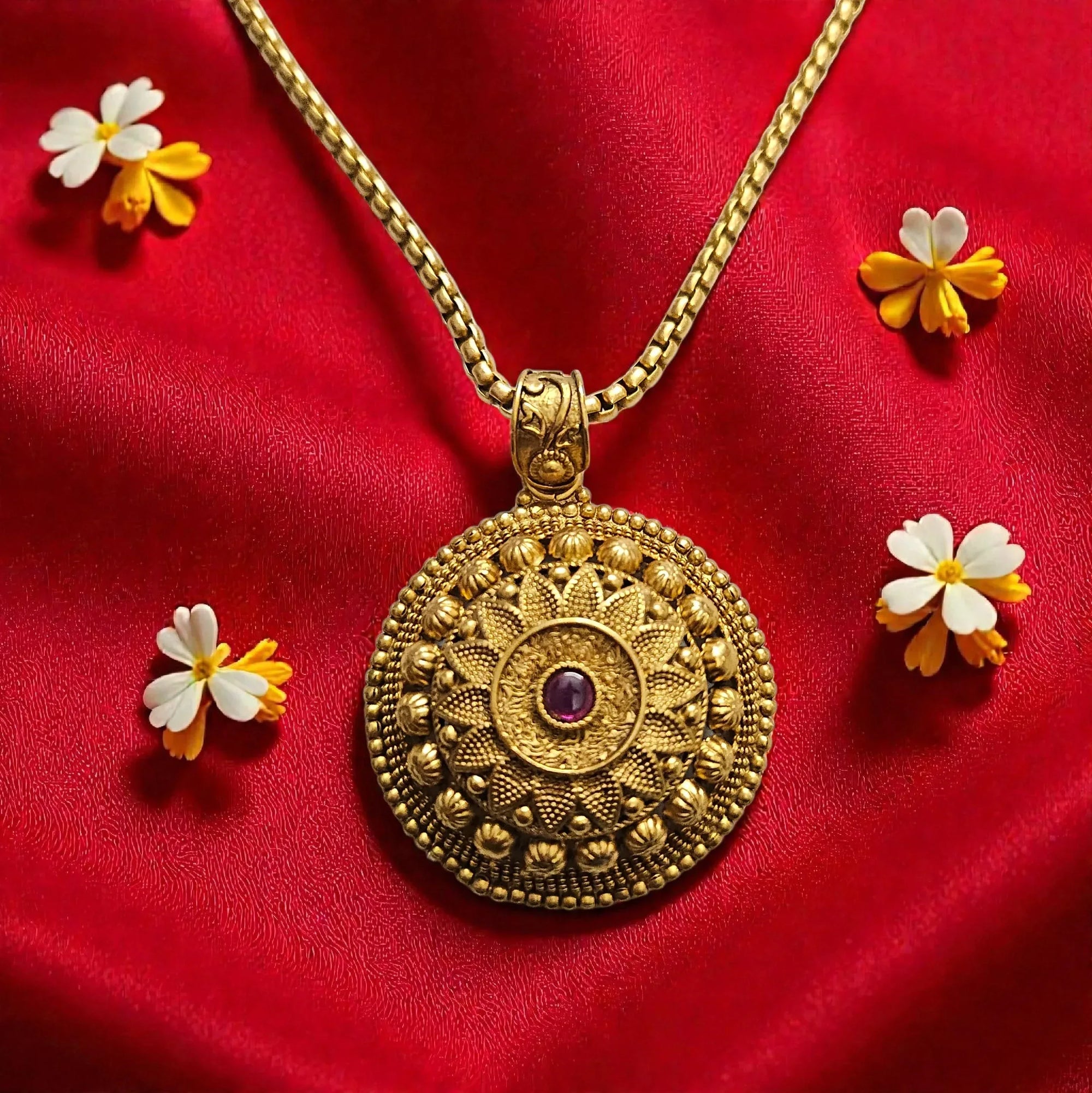 Antique Gold Finish Temple Necklace Set with Floral Coin Pendant - Shangri 