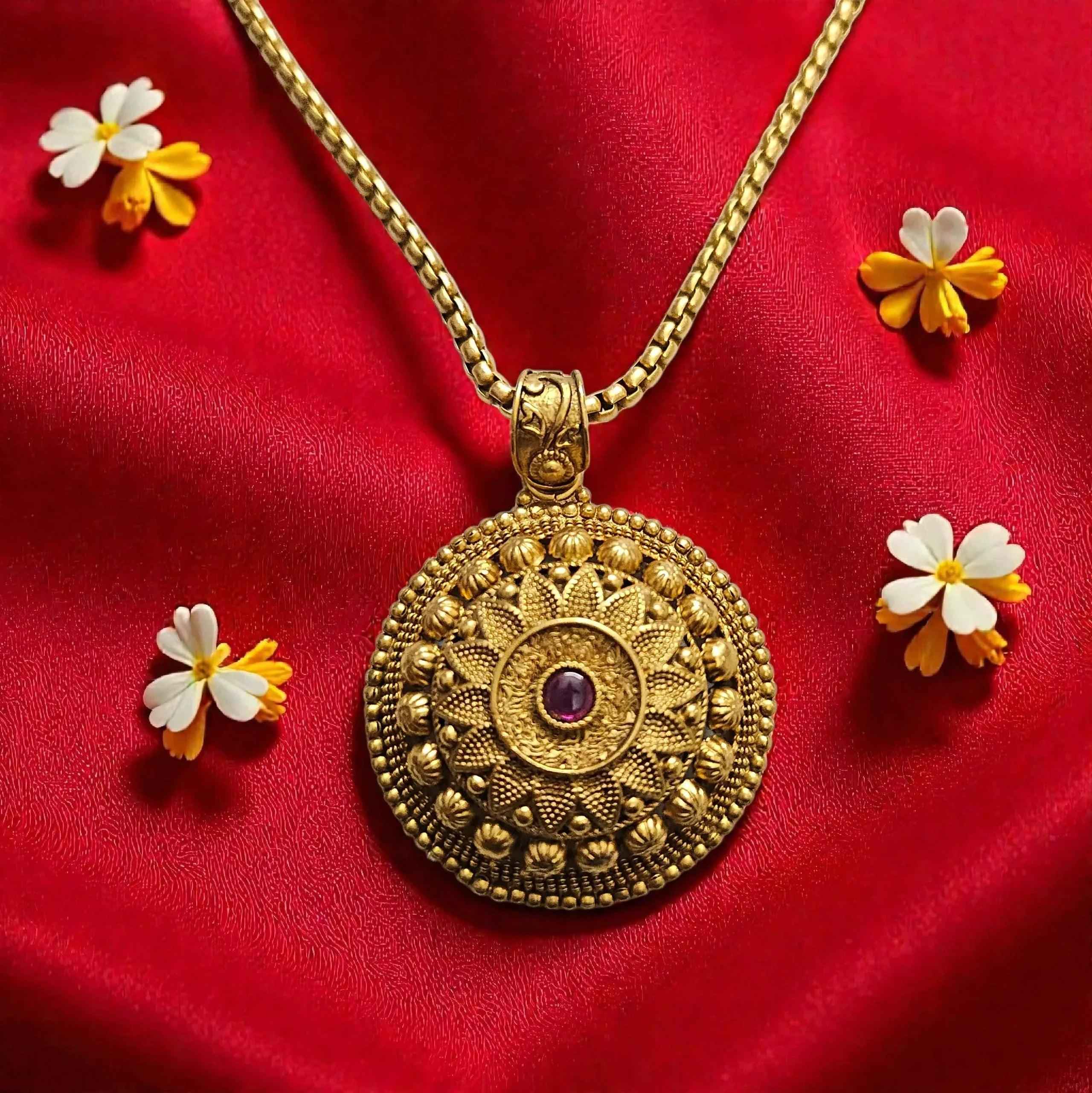 Antique Gold Finish Temple Necklace Set with Floral Coin Pendant