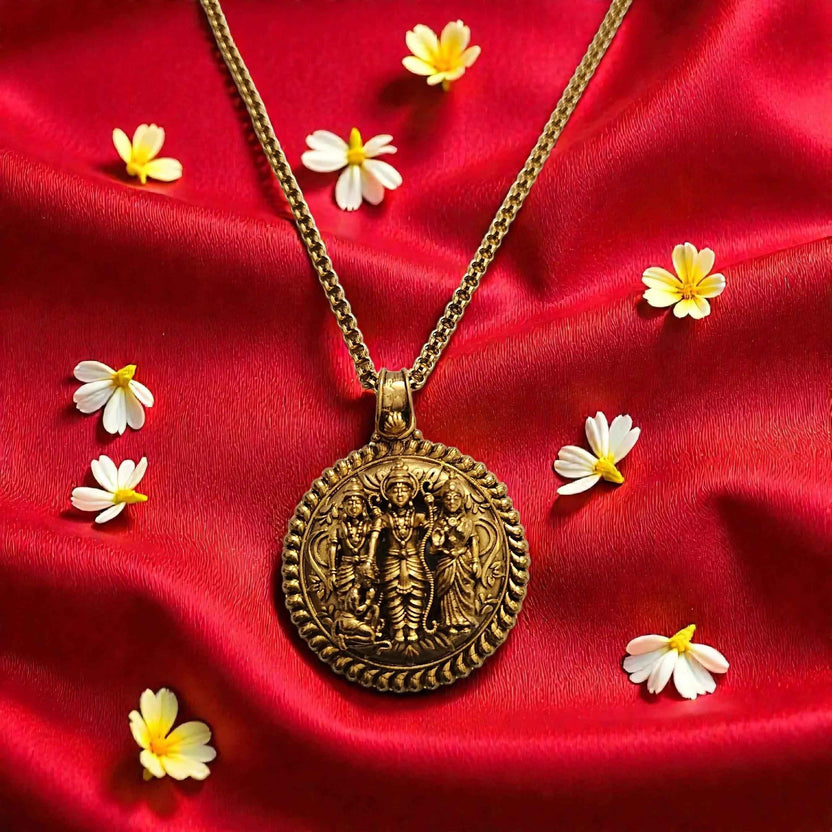 Ram Darbar Temple Coin Pendant Necklace Set – Antique Gold Finish