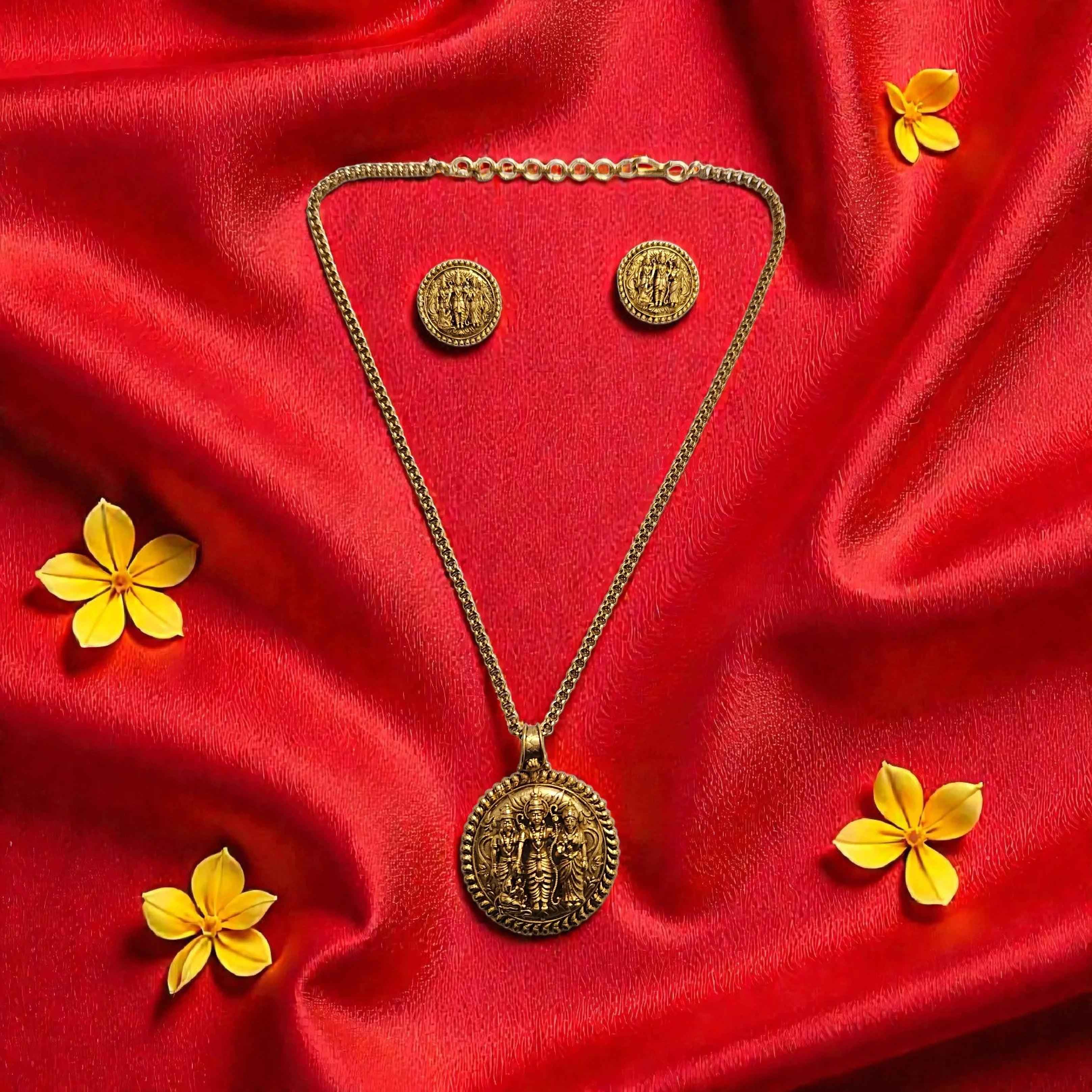 Ram Darbar Temple Coin Pendant Necklace Set – Antique Gold Finish