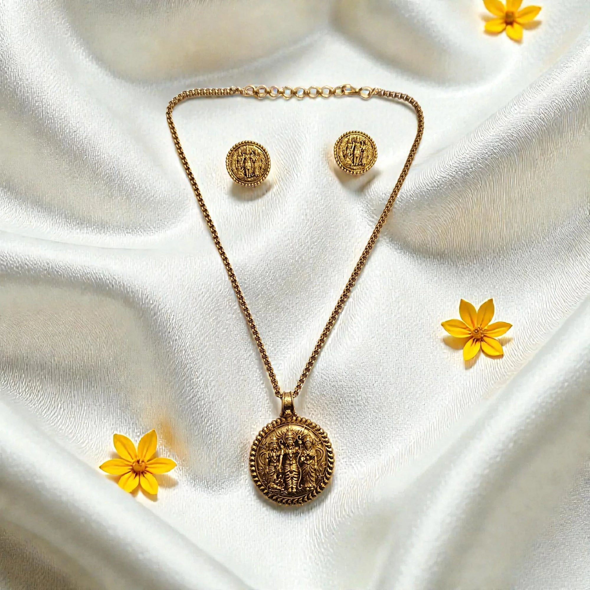Ram Darbar Temple Coin Pendant Necklace Set – Antique Gold Finish - Shangri 