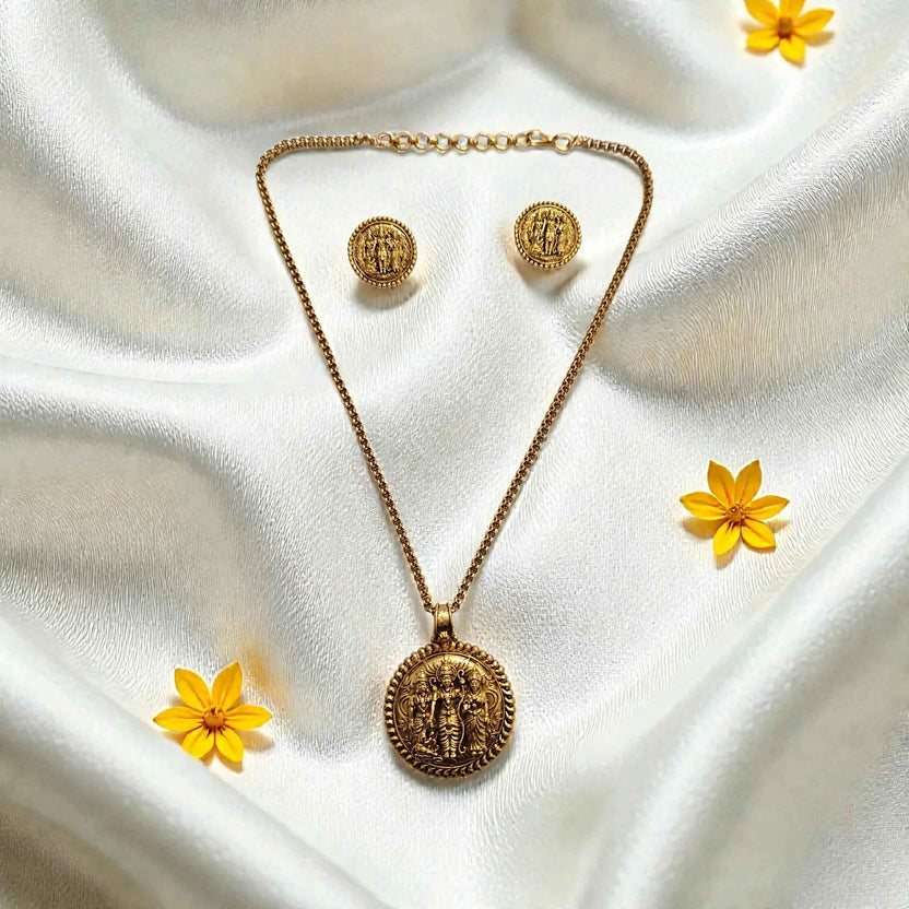 Ram Darbar Temple Coin Pendant Necklace Set – Antique Gold Finish