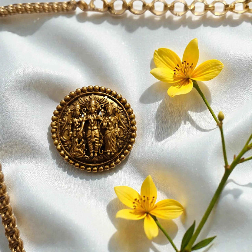 Ram Darbar Temple Coin Pendant Necklace Set – Antique Gold Finish