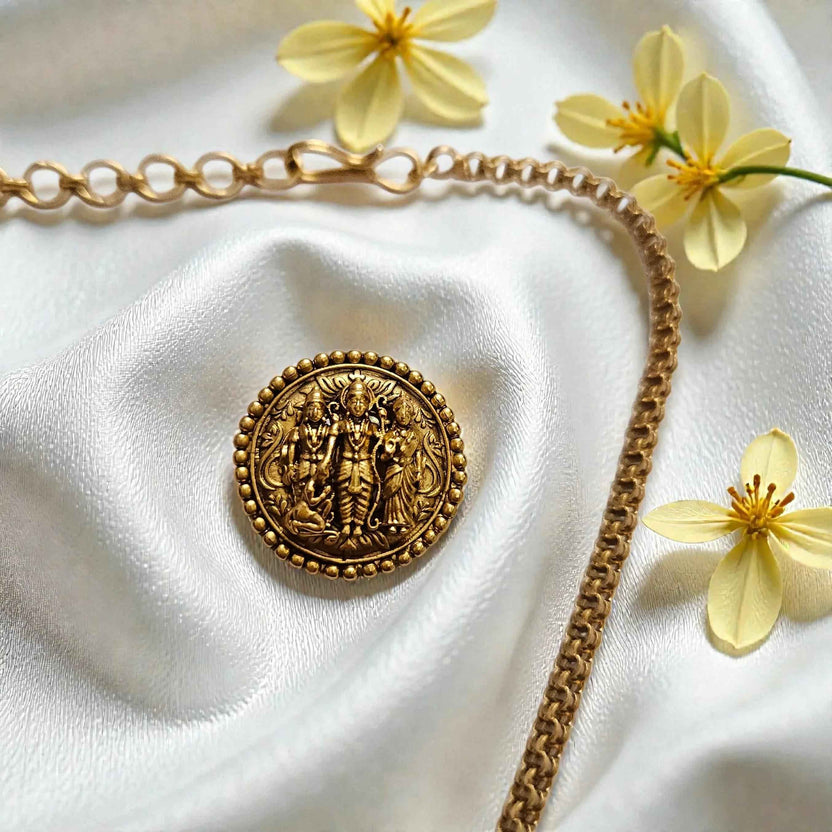 Ram Darbar Temple Coin Pendant Necklace Set – Antique Gold Finish