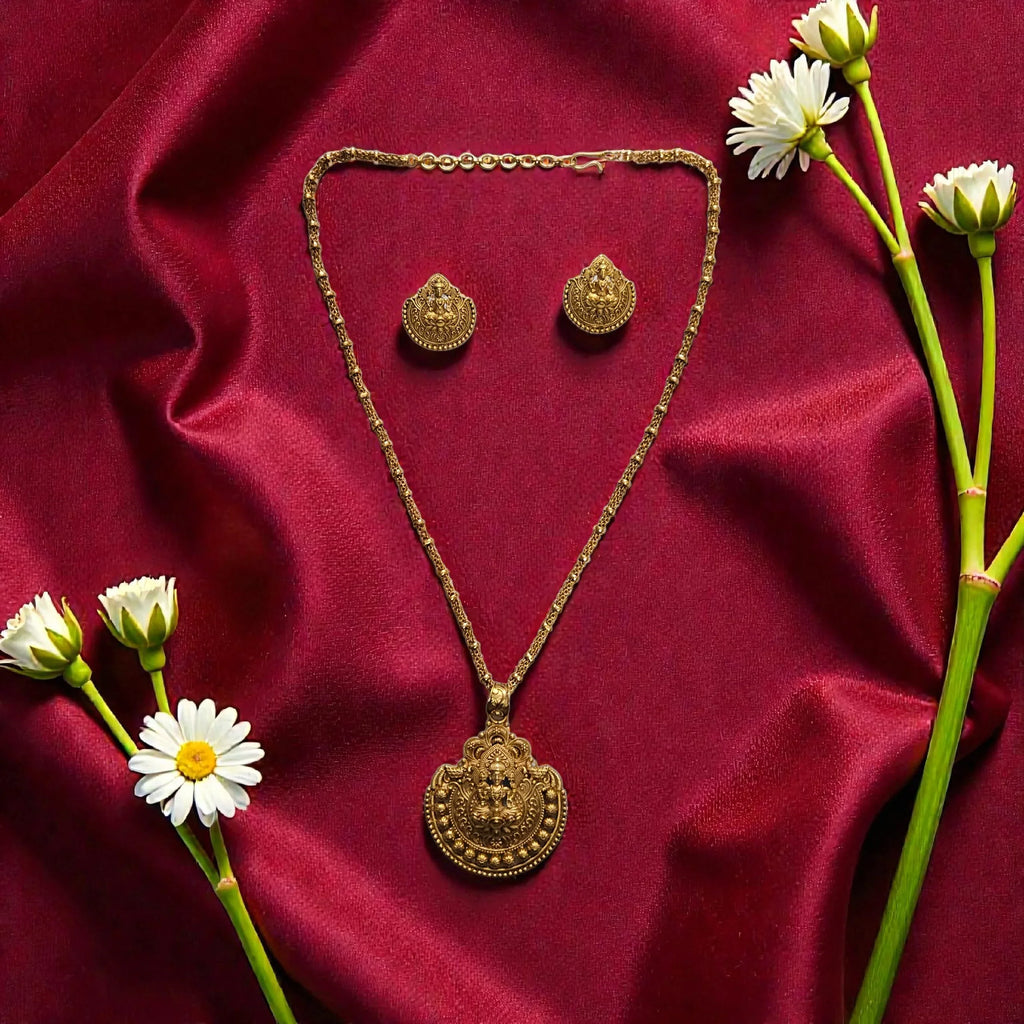 Lakshmi Temple Antique Gold Necklace Set - Shangri 