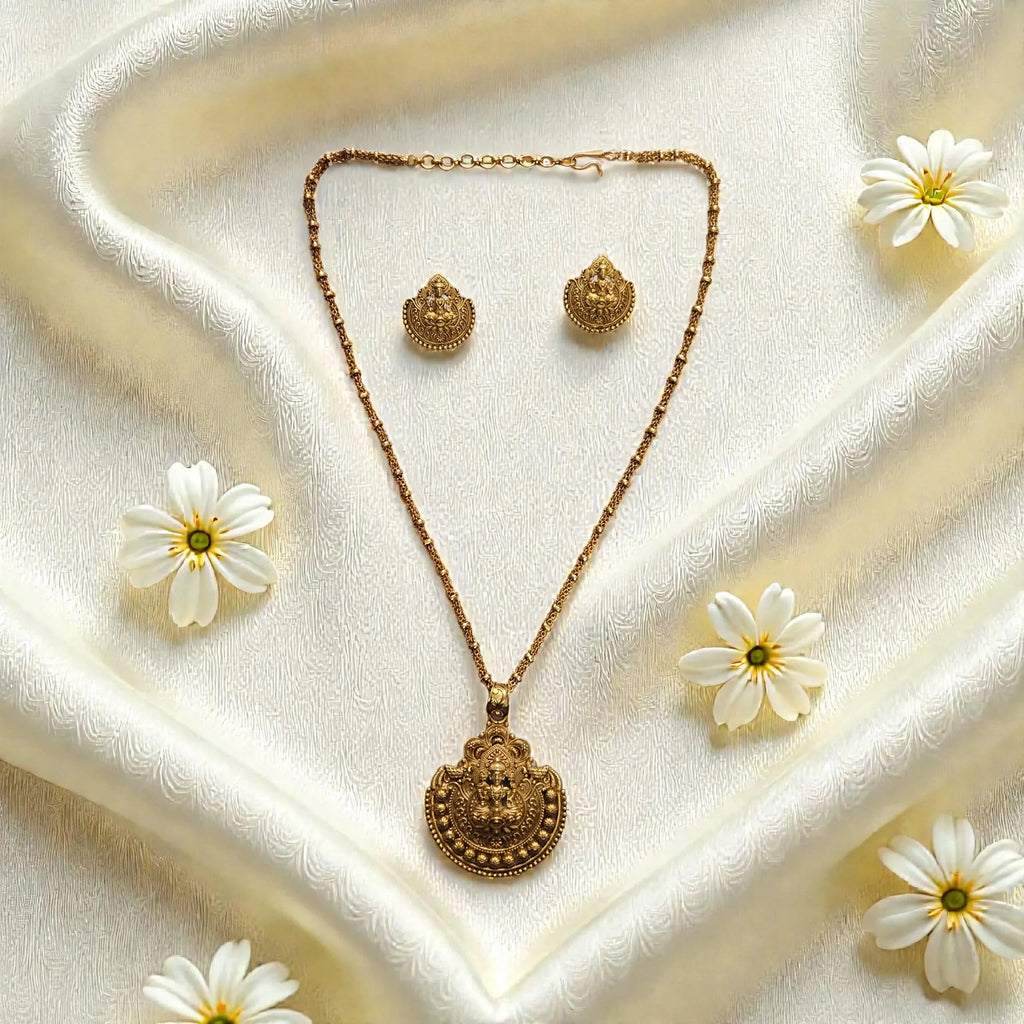 Lakshmi Temple Antique Gold Necklace Set - Shangri 