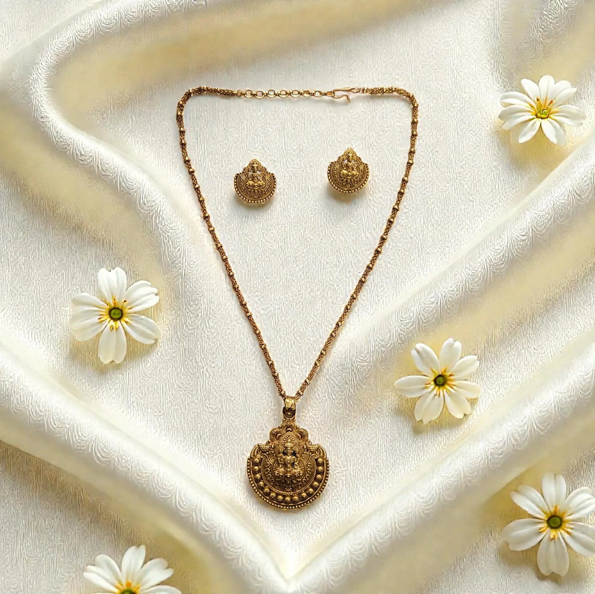 Lakshmi Temple Antique Gold Necklace Set - Shangri 