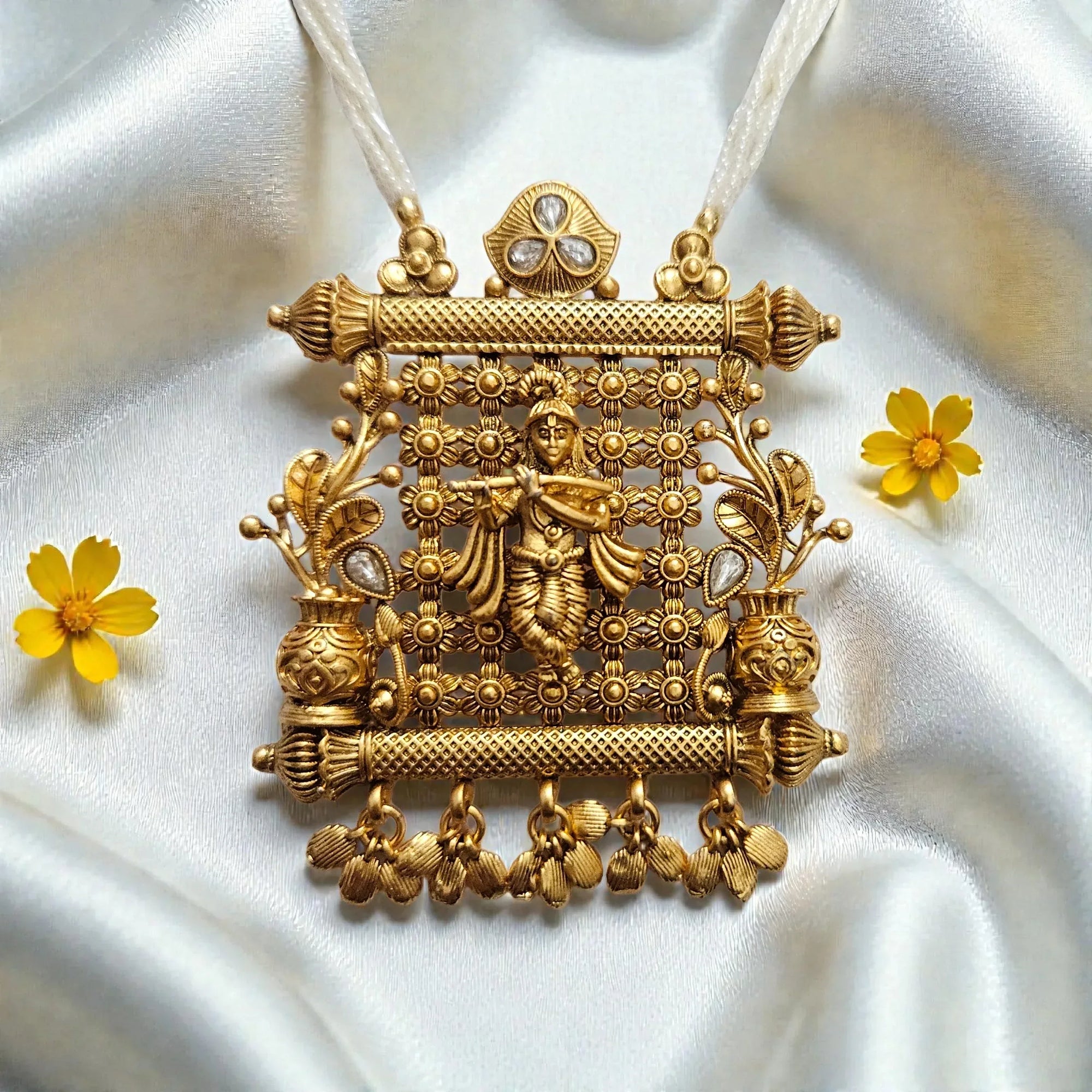 Antique Gold Plated Krishna Temple Jewellery Necklace Set - Shangri 