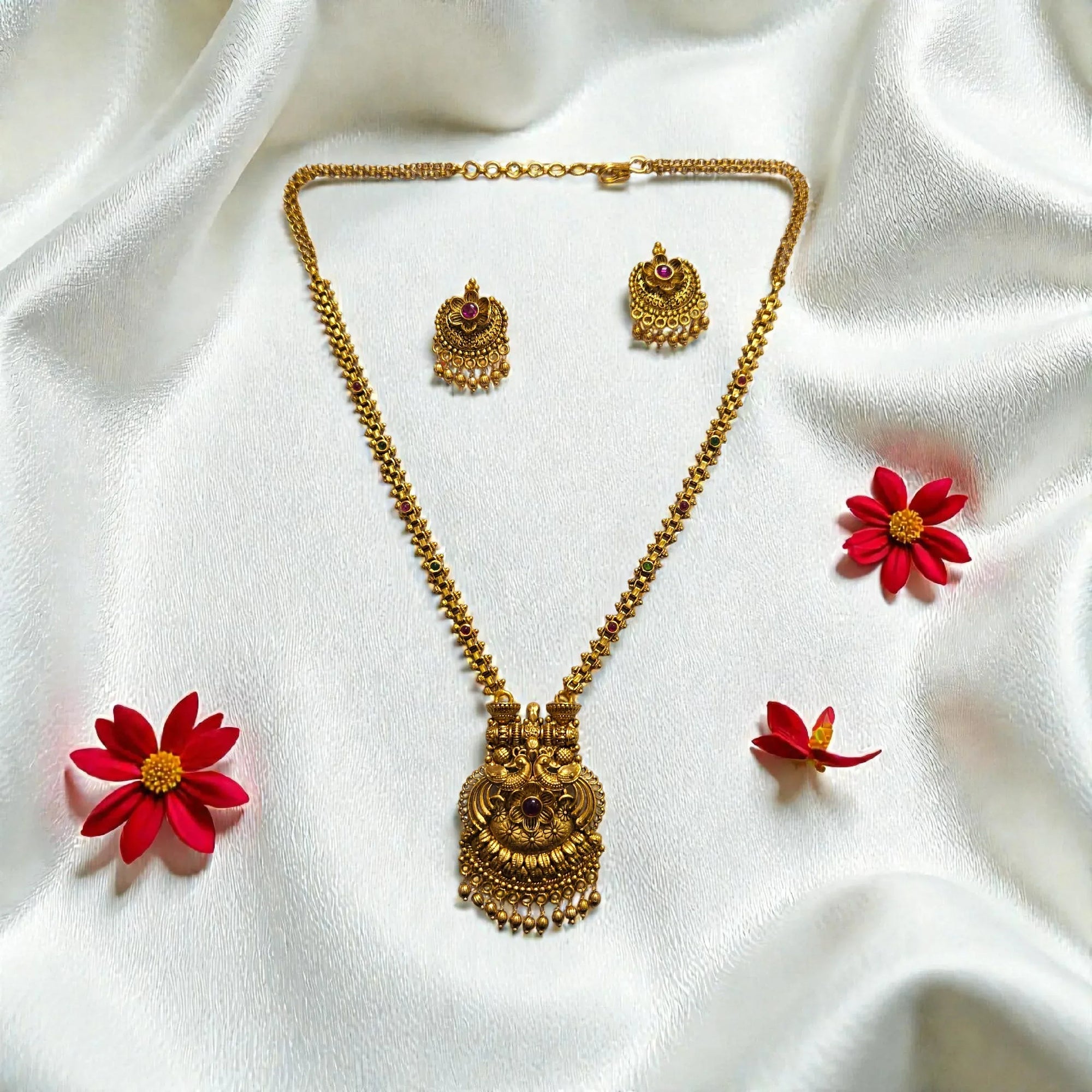 Antique Gold Temple Necklace Set with Traditional Pendant and Matching Earrings - Shangri 