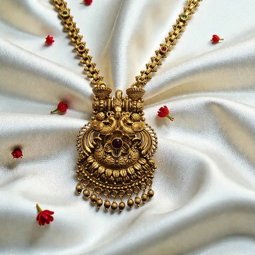 Antique Gold Temple Necklace Set with Traditional Pendant and Matching Earrings