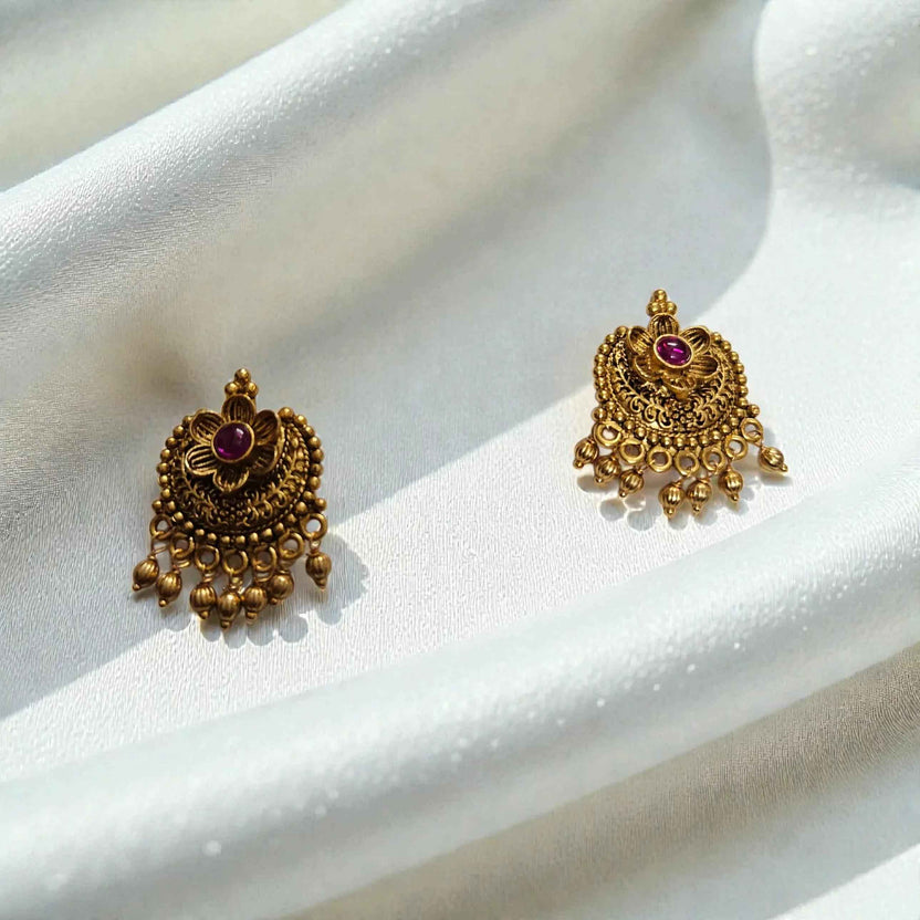 Antique Gold Temple Necklace Set with Traditional Pendant and Matching Earrings